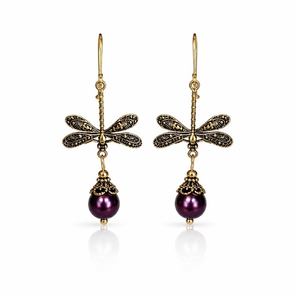 Zara Jewelry - Gold Dragonfly Earrings with Purple Pearls